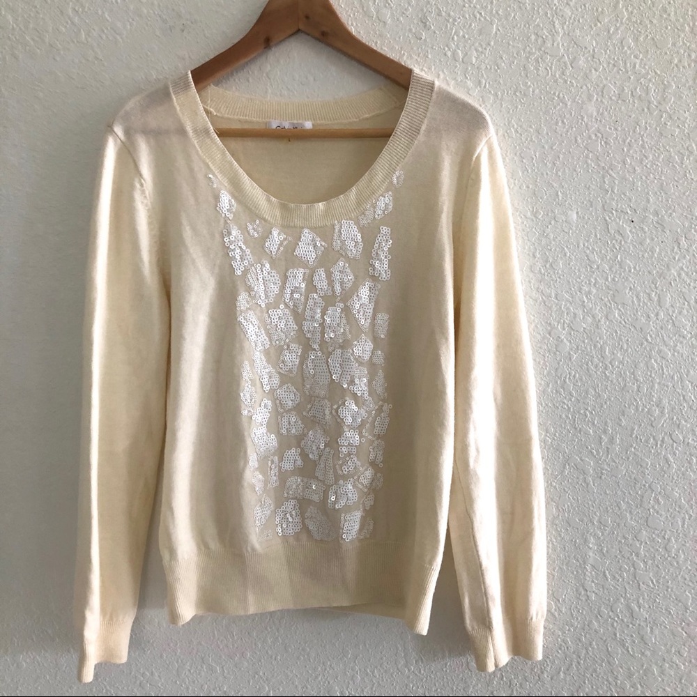 Calvin Klein Ivory Sequin Long Sleeves Sweater Size Large